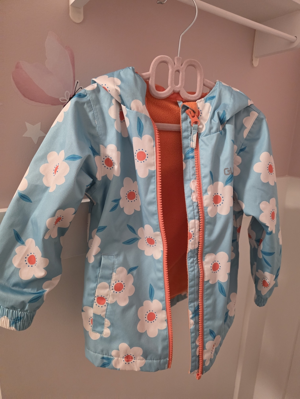 Gustin Light Blue Floral Kids' Raincoat with Orange Lining